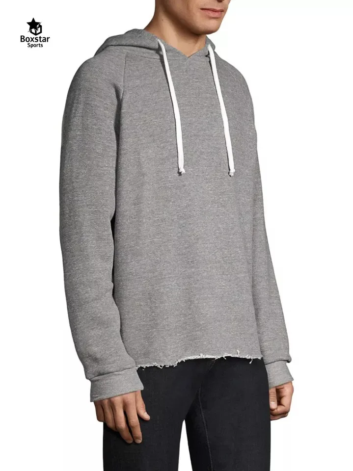 High Quality Grey Men Blank Raw Hem Hoodies 100% Cotton French Terry No Pocket Oversized Hoodie