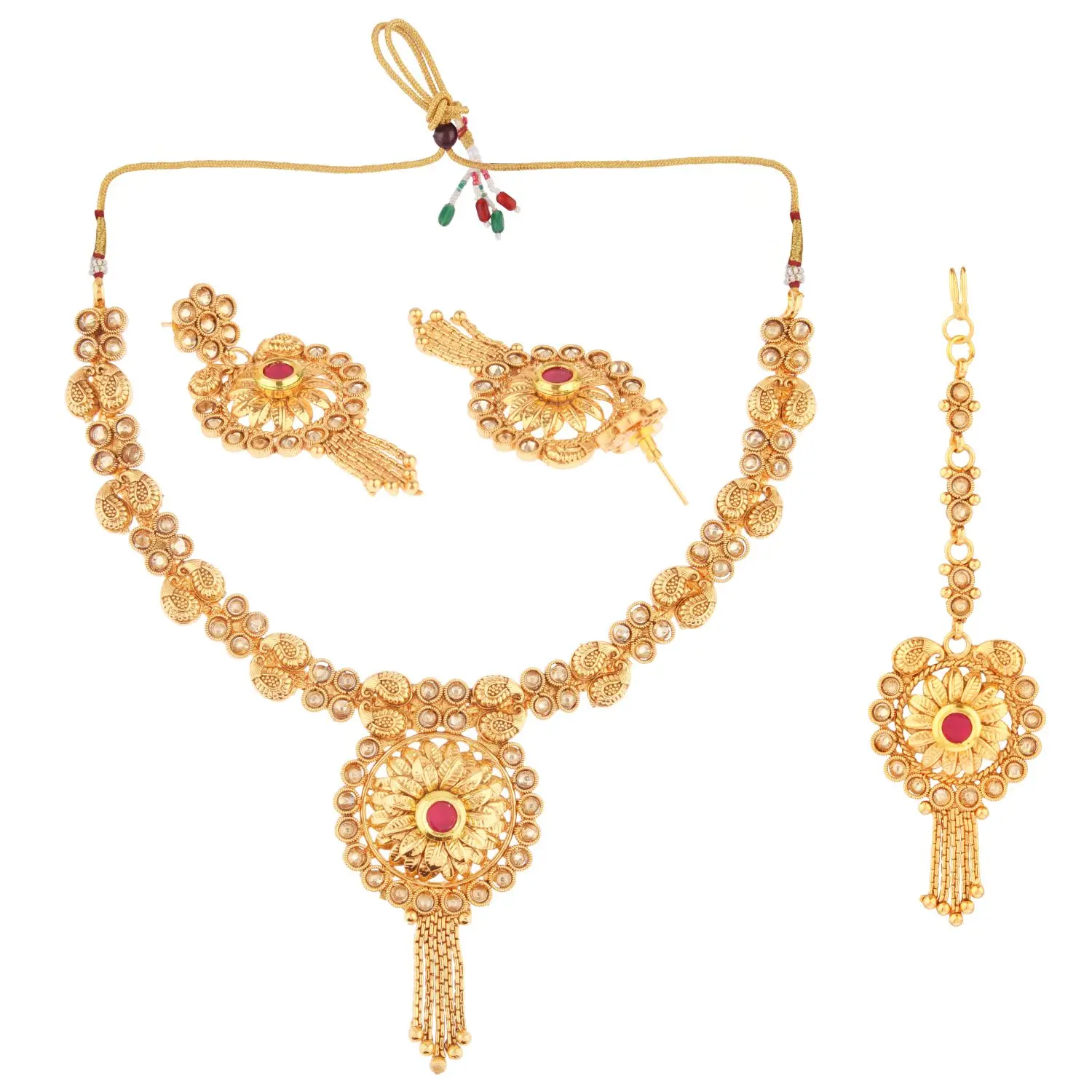Indian Traditional Antique Gold Plated Floral Kundan Choker Necklace Dangle Earrings With Maang Tikka Jewellery Set, Pi