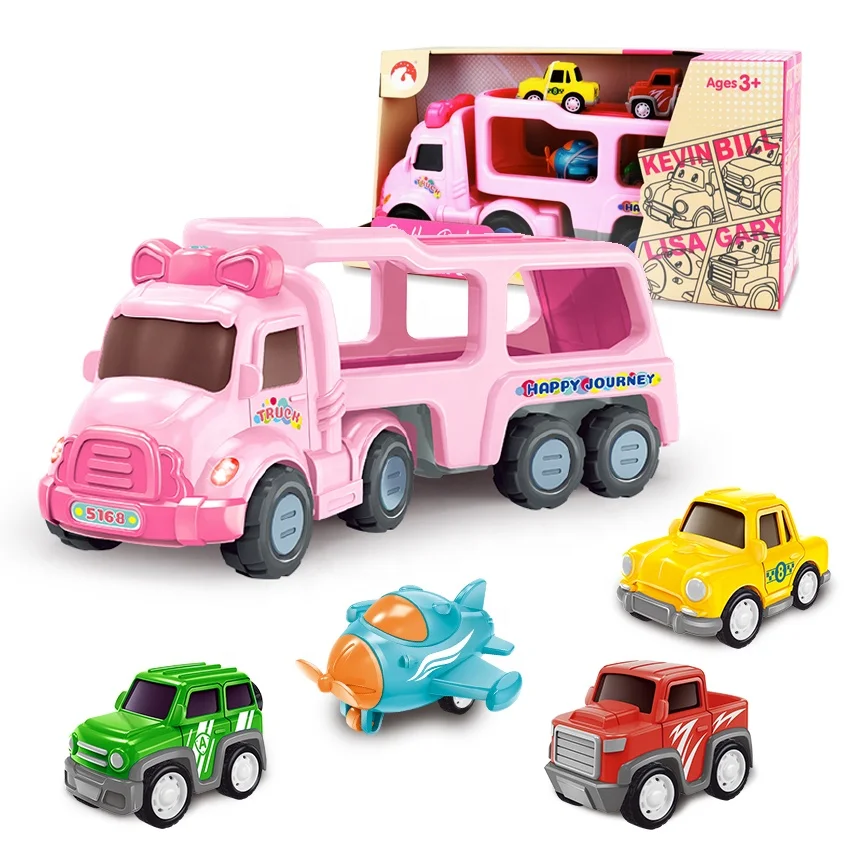 High quality cartoon truck toy set mini inertia cars double-decker transport trucks trailer with sound and light
