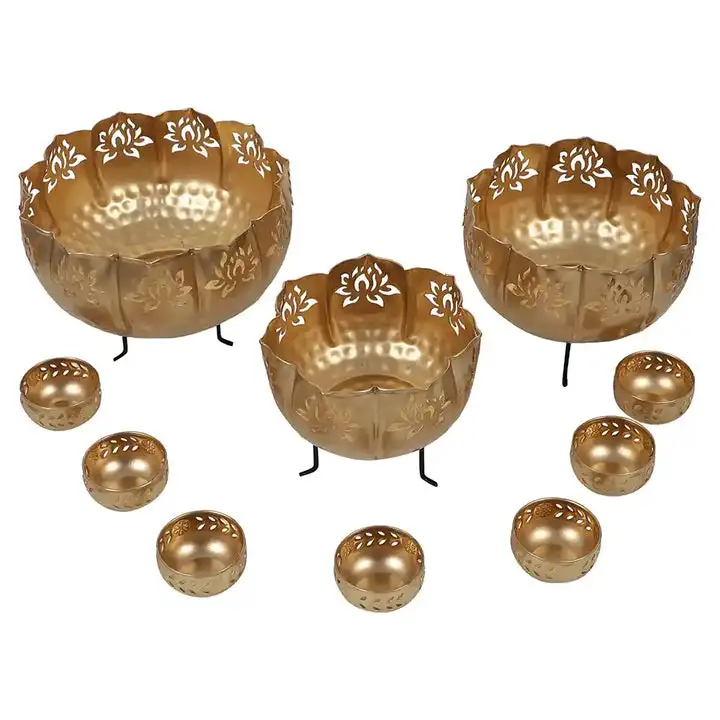 2024 Trending Metal Urli Diya Bowl Set For Puja Diwali Decoration Home Decor Deep Mandir Lotus Lighting Candle Tea Light
