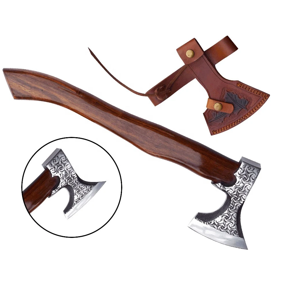 Custom Handmade High Quality Carbon Steel Axe Outdoor Camping Tool with Wood Handle and Leather Sheath with wholesale price