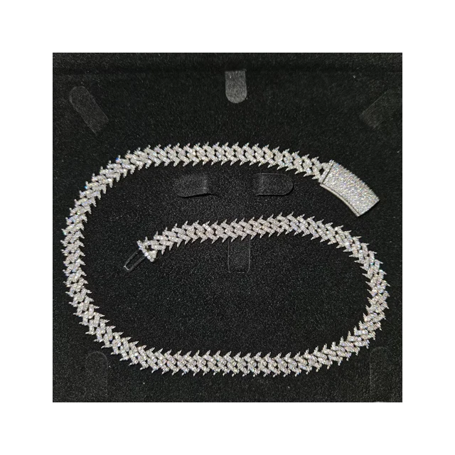 Silver 18k White Plated Spike Set Miami Cuban Link Chain Complete With VVS1 D-Colour Moissanite Diamonds