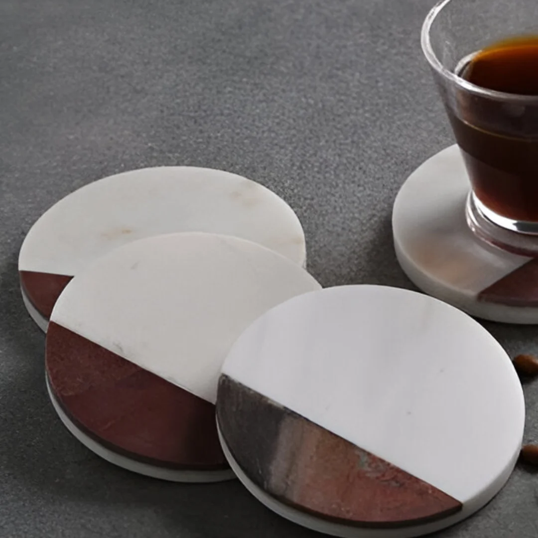 Natural White Marble with Acacia Wood Stone Coasters Elegant Durable Combination for Stylish Home Best for Drinks and Gifts