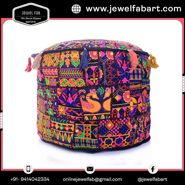 Cotton Bean Bag Cover Round Pouf Cover Home Decor Hand Embroidered Vintage Ottoman Pouf Cover handmade