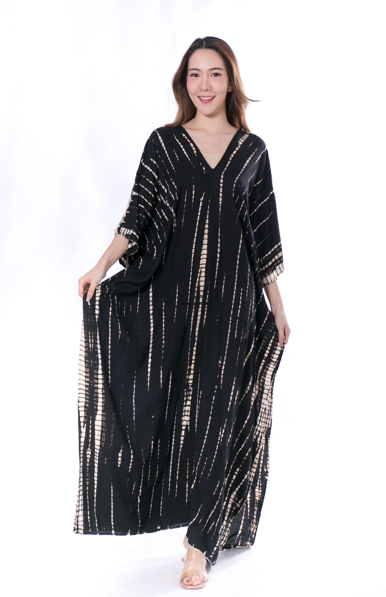 Free Size Printed Pattern Tie Dye Summer Dress Women Casual Stripe Batwing Plus Size Boho Clothing in Black Color