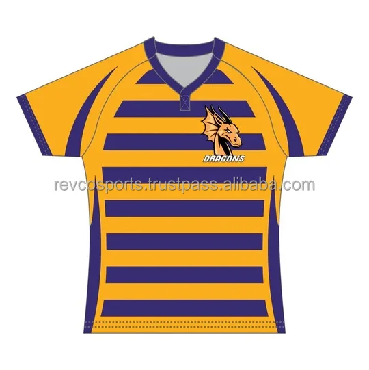 Golden with Purple Stripes Rugby jersey v neck short sleeve tackle twill team logo rugby jerseys best quality rugby shirts