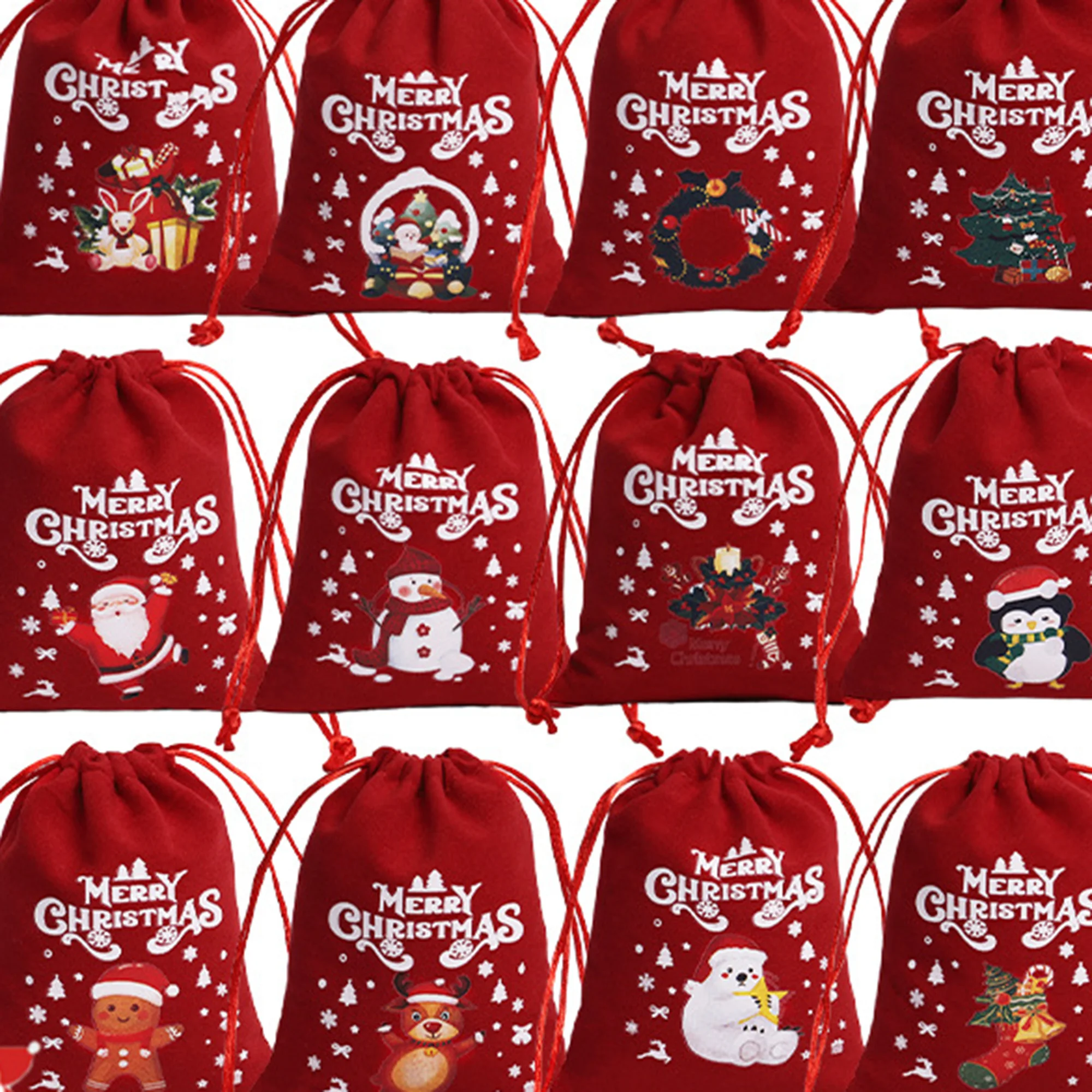 Wholesale  Custom Velvet  Pouch Xmas Party Favor Candy Chocolate Sweet Jewelry Packaging Christmas Drawstring Fabric Gift Bag