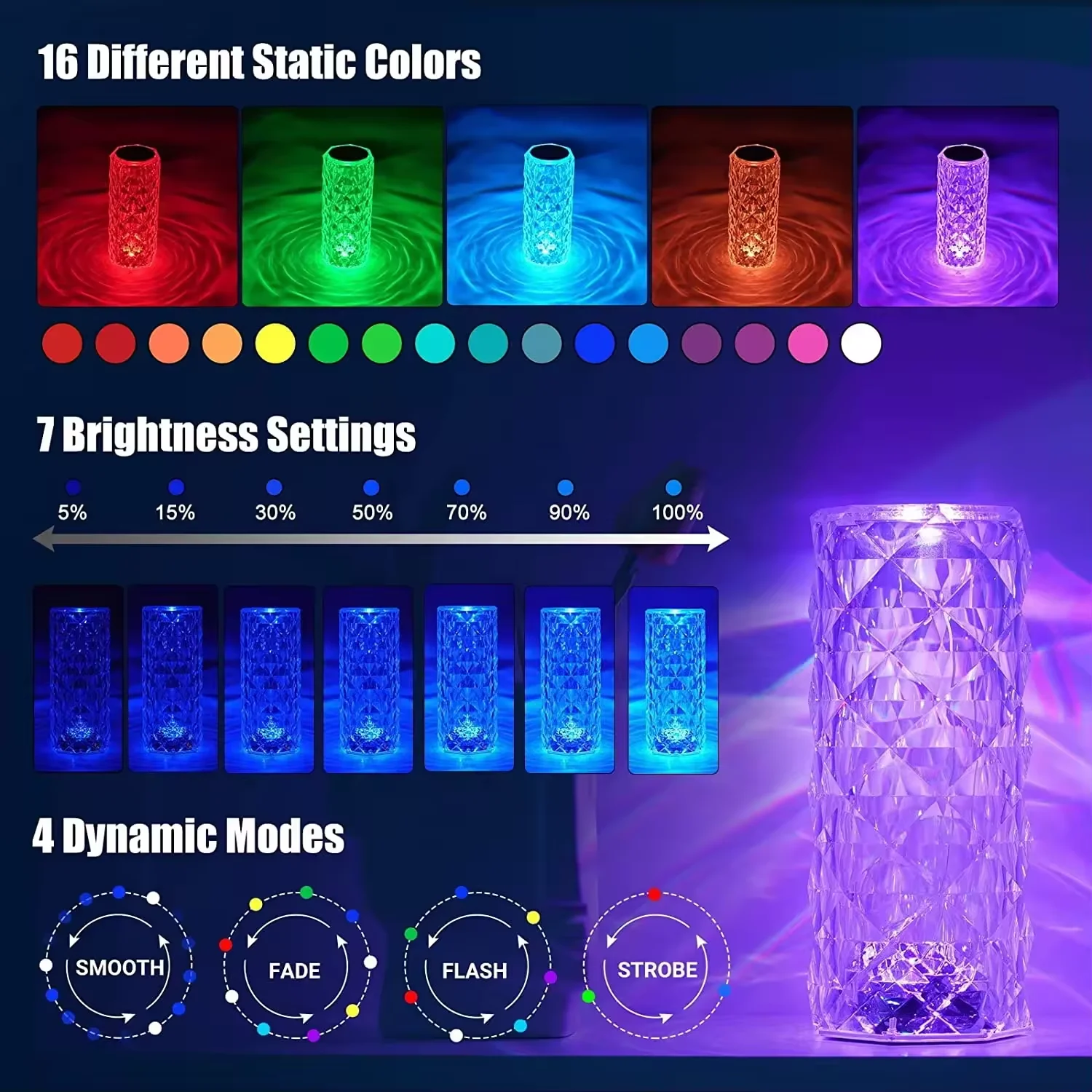 RGB 16 Color Touch Remote Control Bedside Decor Rose Desk Table Lamp USB Rechargeable Acrylic Crystal Decoration LED Night Light
