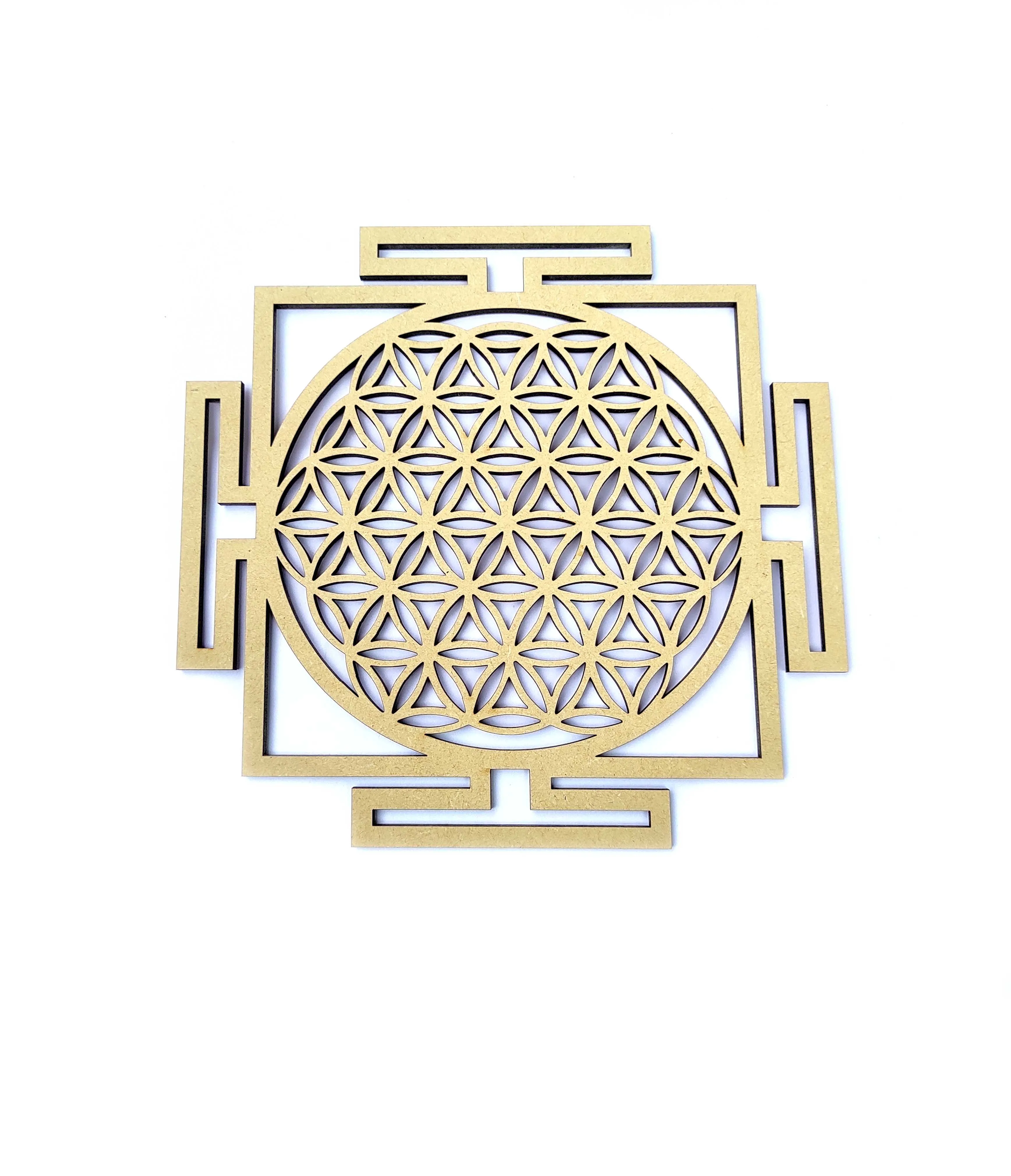 Round Wooden MDF laser Etched Yoga Man with 7 Chakra in Body and Flower Of Life Spiritual Religious Design Sacred Geometry