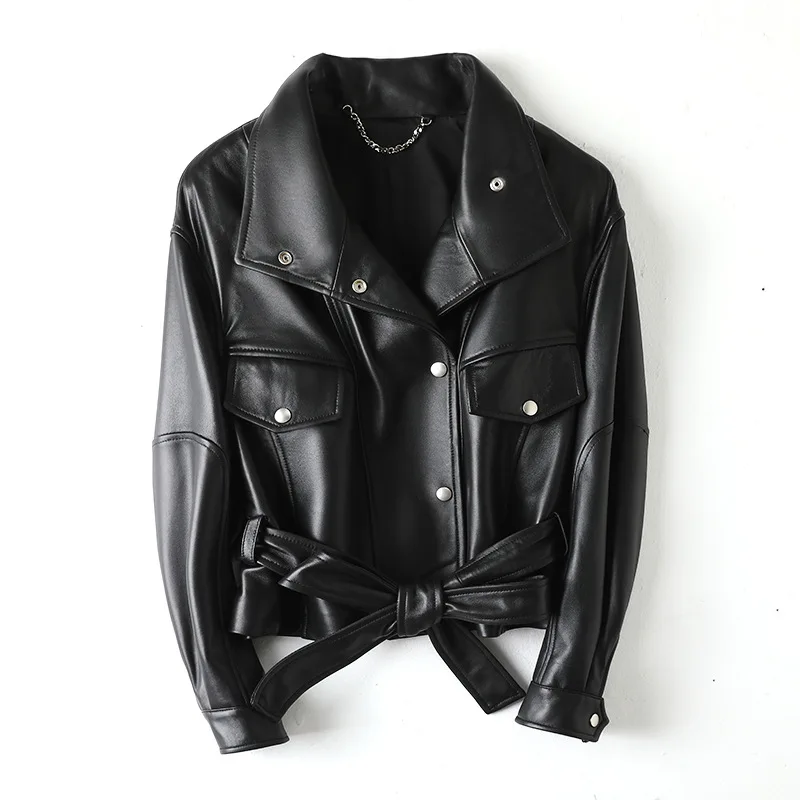 Waist-cinched genuine leather motorcycle jacket sheepskin leather jacket genuine leather jacket for women