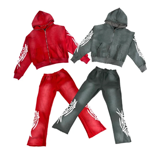 Custom Paint Black Flared Men Tracksuit Streetwear Women Stacked Pants 2 Piece Sets Sweatsuit Set with Pockets