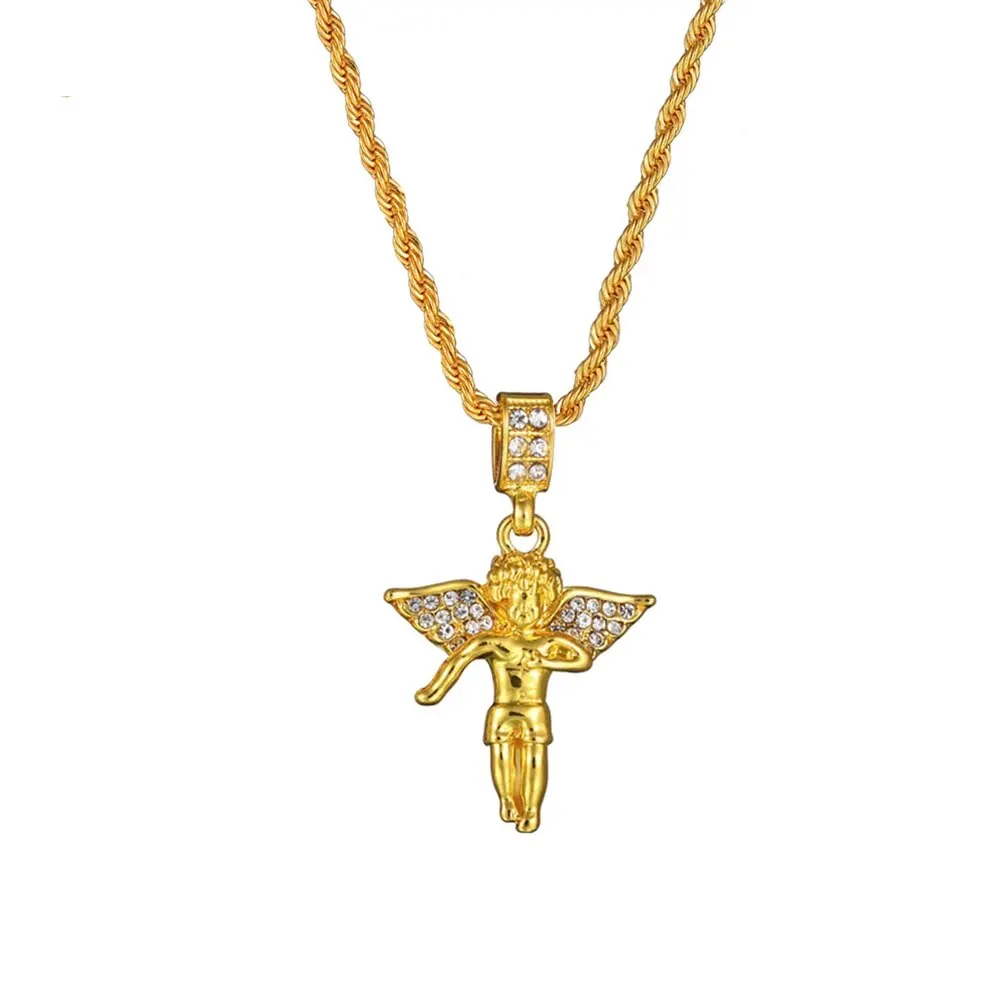 Angel Iced Out Pendant Bling Small Pendant Hip Hop Rope Chain Certified Necklace Gold Jewelry for woman & men