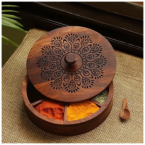 Top Notch Manufacturing Handcrafted Wooden Spice Box for Home Kitchenware Storage Purposes from India