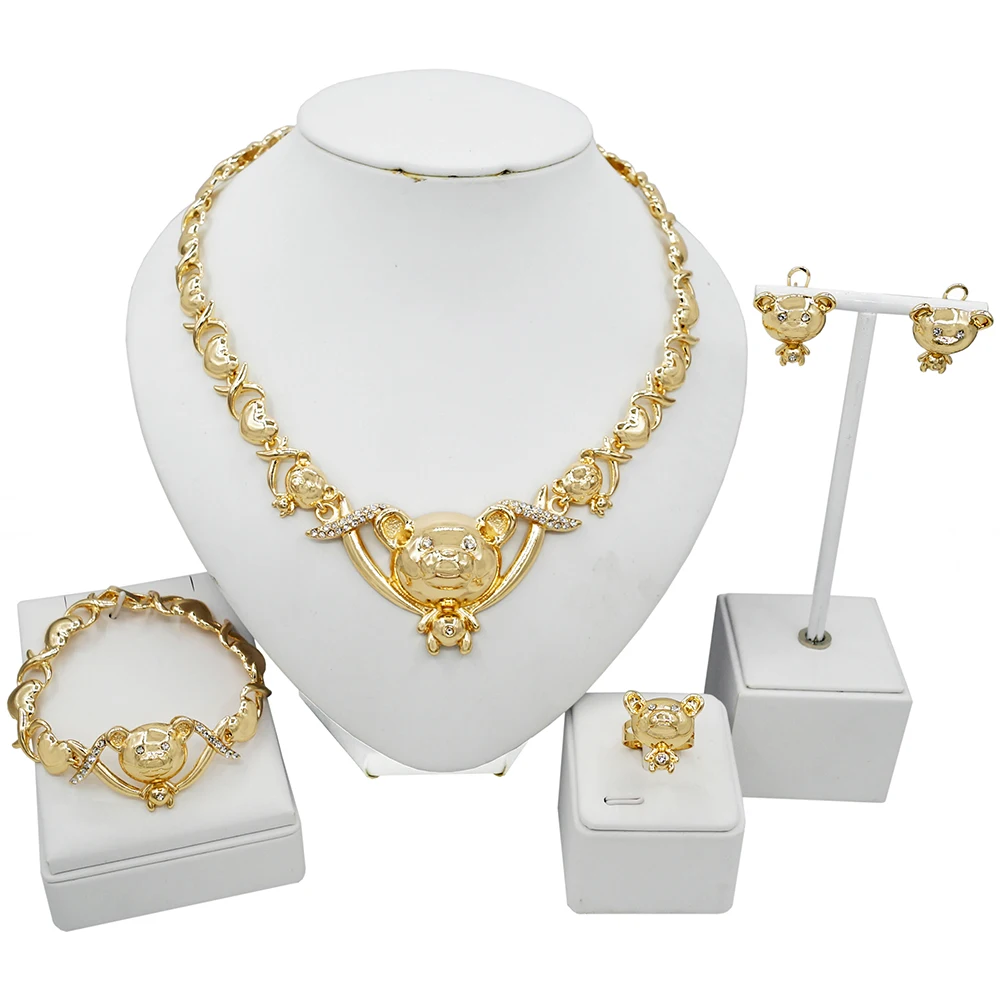Zhuerrui Latest Panda I Love You Xoxo Brass Jewelry Sets Cartoons Doll Bear Hugs and Kisses Bridal Gold Plated Jewelry Set X0089