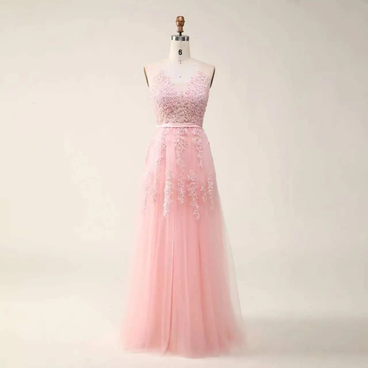 Pink A-line Party Senior Graduation Formal Gown Sleeveless Open Back Zipper Tulle Formal Women Prom Dress