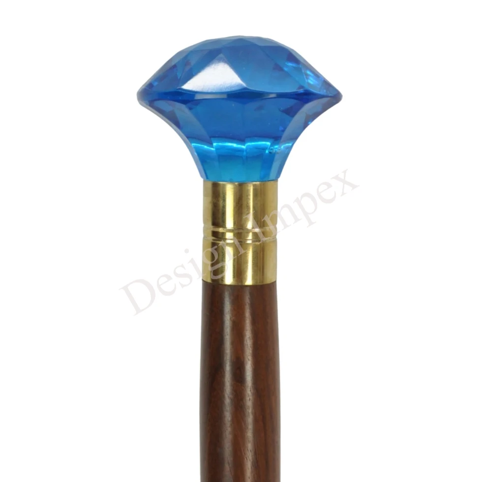 Natural Finished Adults Walking Stick Cane Expensive Gift Durable Design Gentleman Walking Stick Rod Blue Acrylic Diamond Top