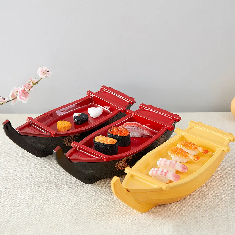 Hot Sale Washable Reusable Large Ship Boat Japanese Serving Plastic Party Black Sushi Tray