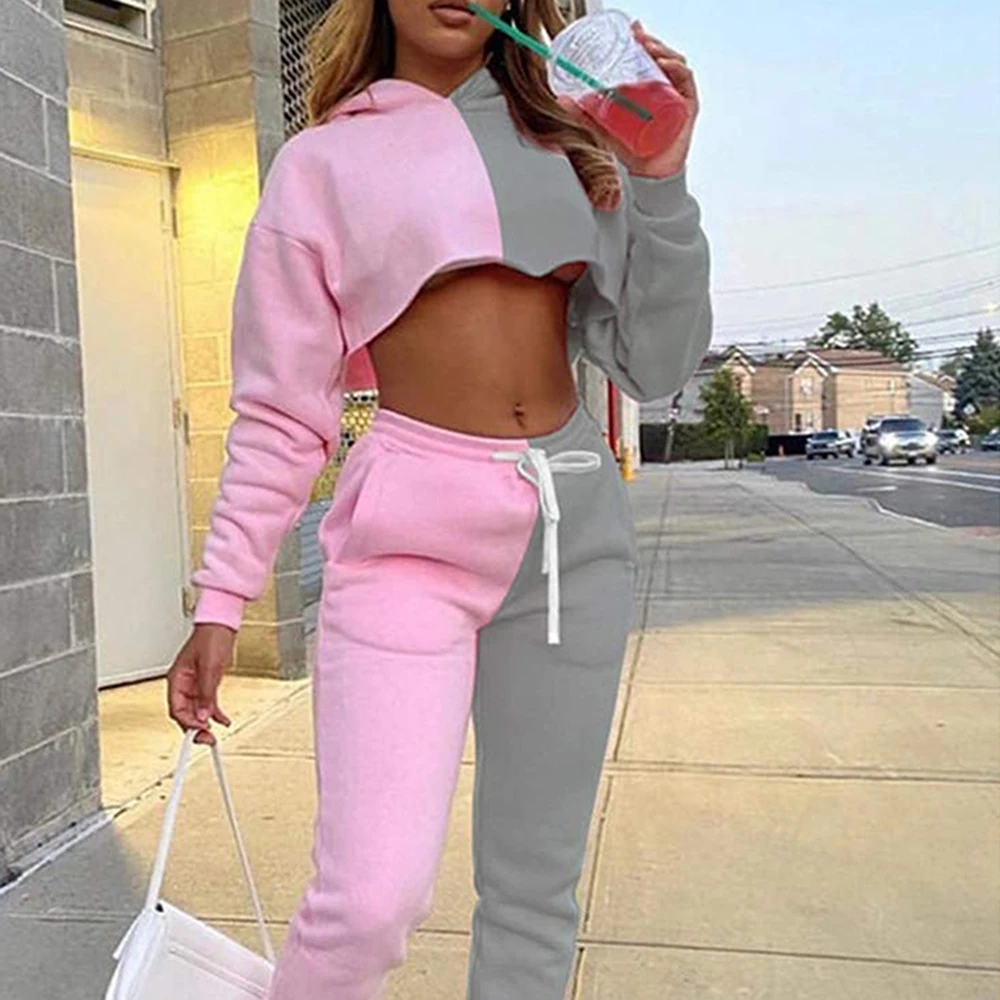 Two Tone Color Tracksuits Crop Top Sweatshirt With Comfortable Trouser Gym Street Wear Sweatsuits For Sale