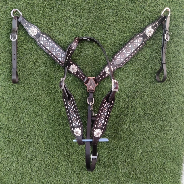 Top Quality Handmade 100% Cow Leather Western Hand Painted One ear Headstall And Breast Collar Set With Beads Manufacturer
