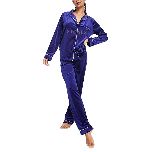 Night Velvet Long Pajama Set With Contrast Piping In Sapphire Blue Hot Selling Best Quality Night Wear