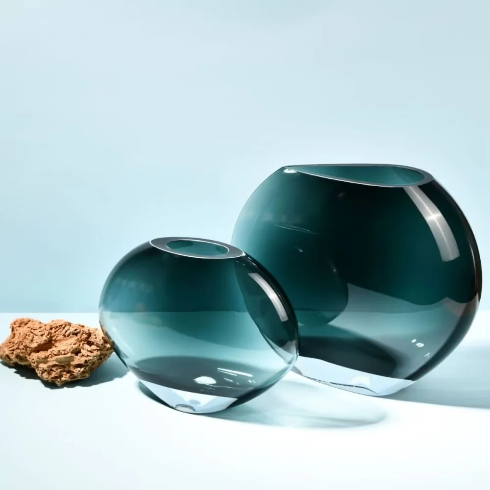 Contemporary Round Flat Navy Blue Glass Vase - 8.2 in (21cm) Height - Handmade - B2B Wholesale Offer - Home Decor - Krosno Glass