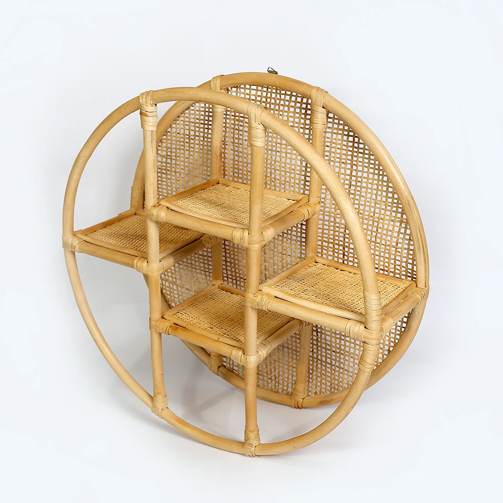 Handcrafted Natural round Rattan Wall Shelf Rack Small Nursery Decorative Hanging Shelves Made Wood Plastic Amazon FBA Vietnam