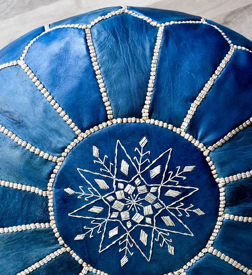 Morocco Craft Blue Genuine Leather Unstuffed Round Pouf - Ottoman Footrest, Footstool - Bohemian chic