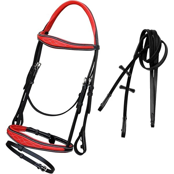 Horse CROWN MYSTERY Bridle Black Read Glitter Patent Specification Product Leather Bridle Top Seller In pakistan Dressage