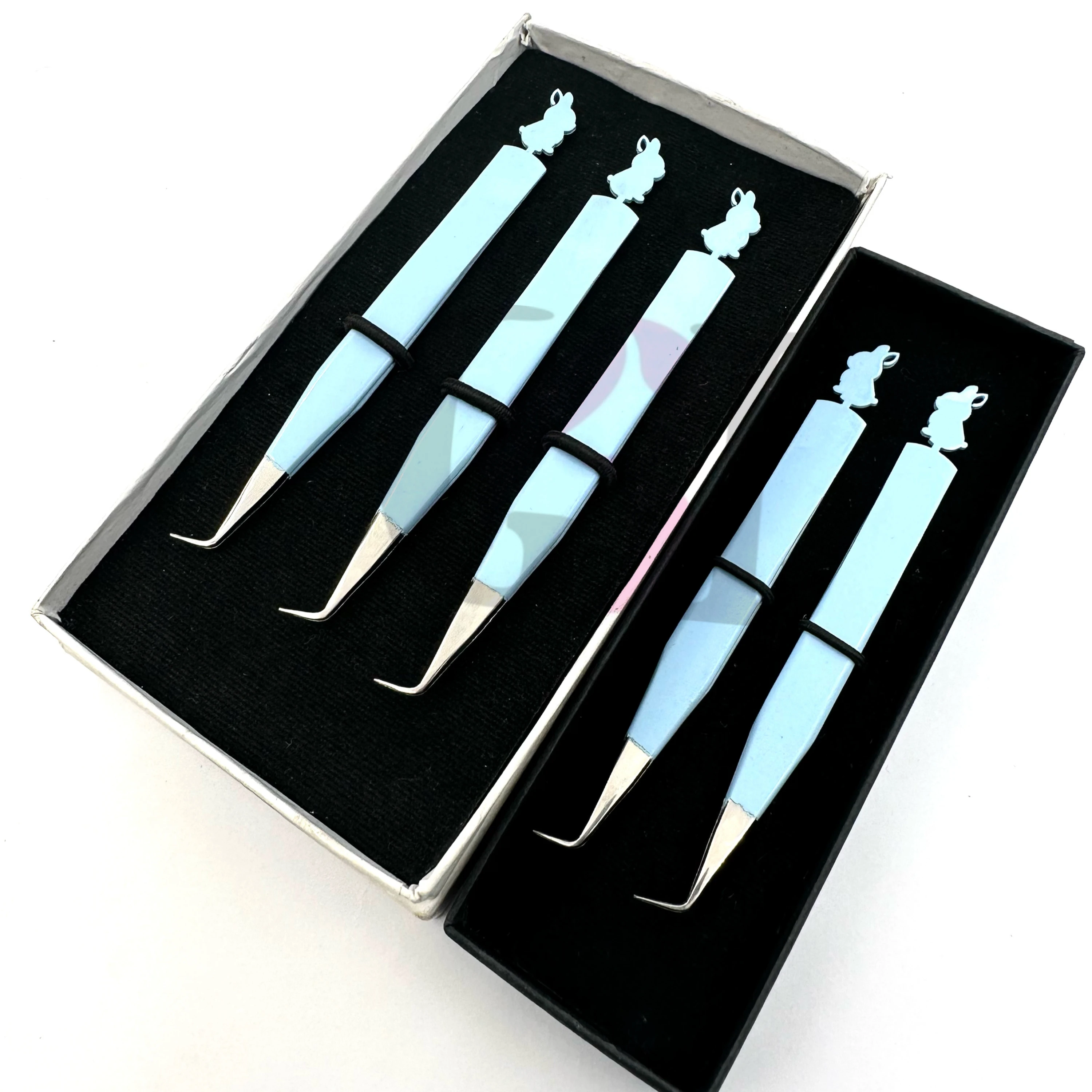 Professional Ice Blue Powder Coating 90 Degree Back Side Bunny Silver Tip Eyelash Extension Tweezer Silver Tip Beauty Instrument