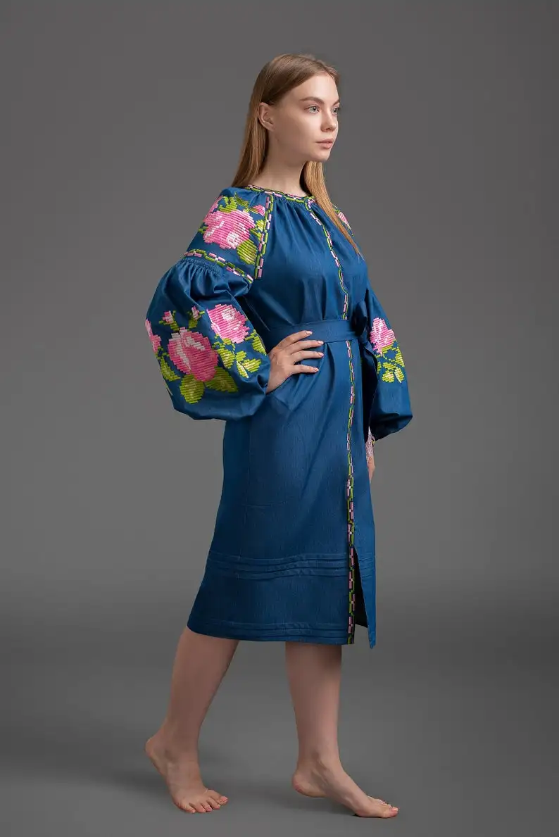 Beautiful & Elegant Ukrainian Style Embroidered Midi Dress Red & Black Embroidered Holidays Casual Maxi Dresses