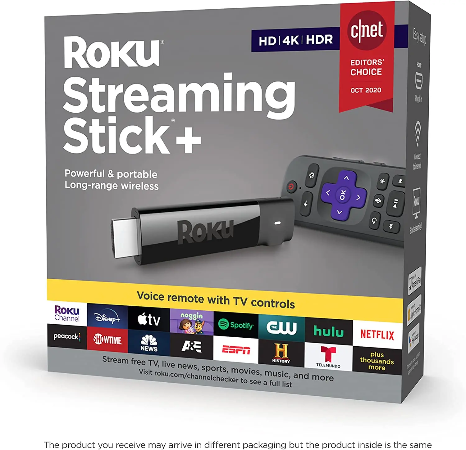 Оригинальная палочка для потоковой передачи Roku + | Устройство для потоковой передачи HD/4K/HDR с беспроводным пультом дистанционного управления большого радиуса действия и голосовым управлением Roku с