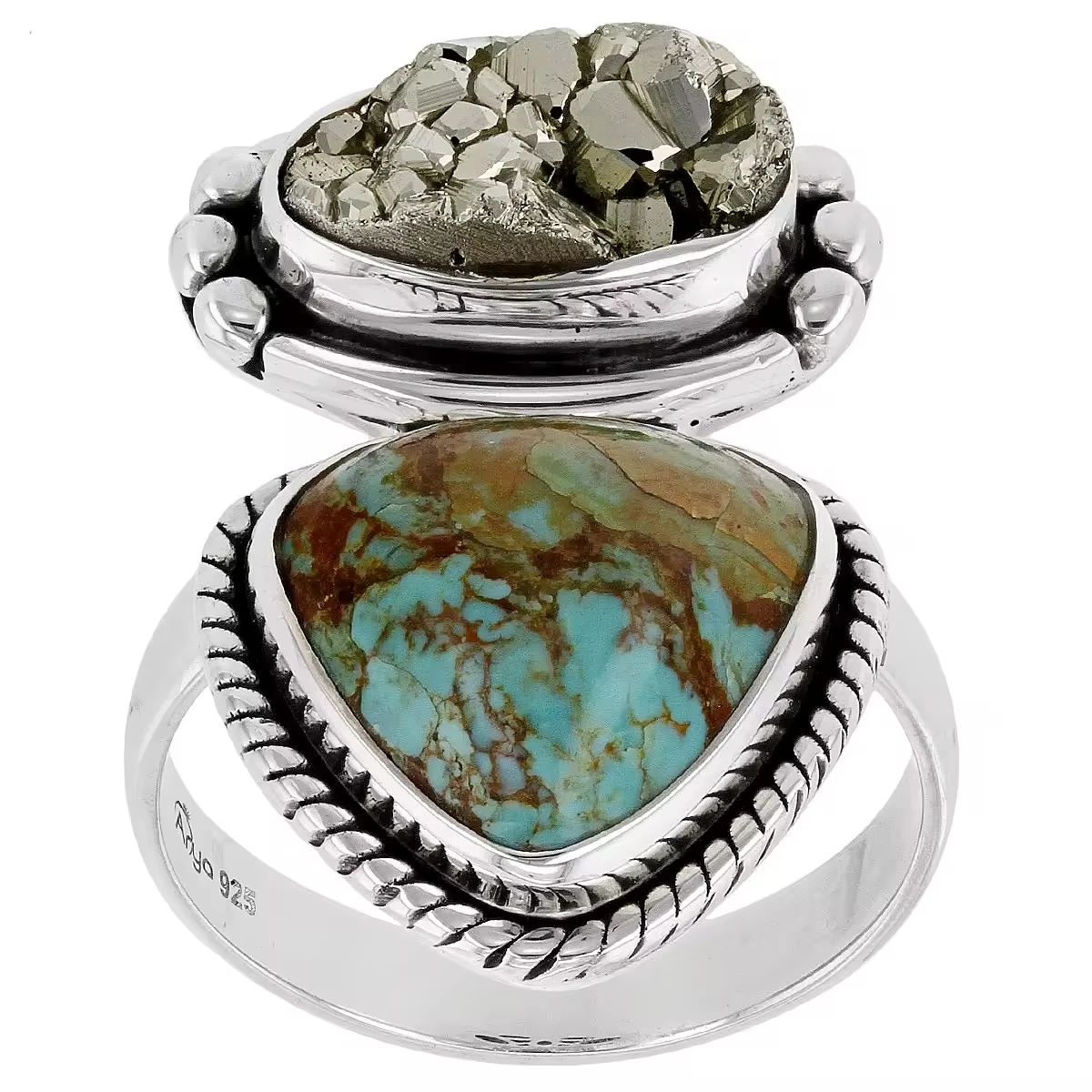 Turquoise in Matrix and Pyrite Sterling Silver Ring | Elegant Fine Jewelry | Unique Elegance with Natural Gemstone Combination