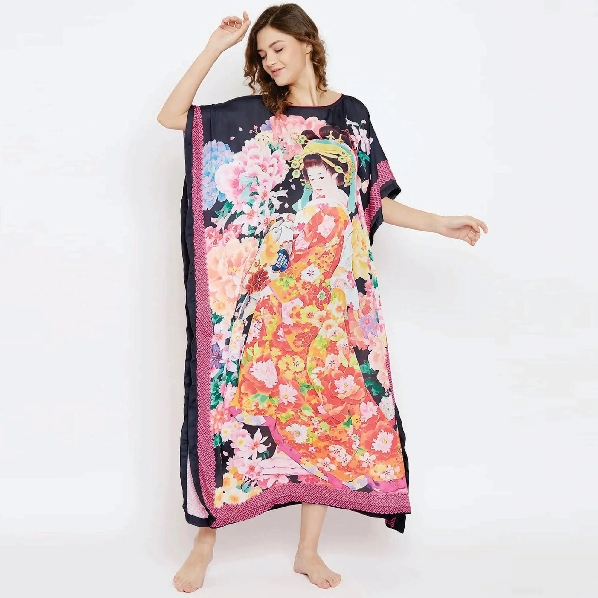 Custom Manufacture Slim Fit Round Neck Polyester Silk Satin Oriental Garden Black Satin Loungewear Kaftan