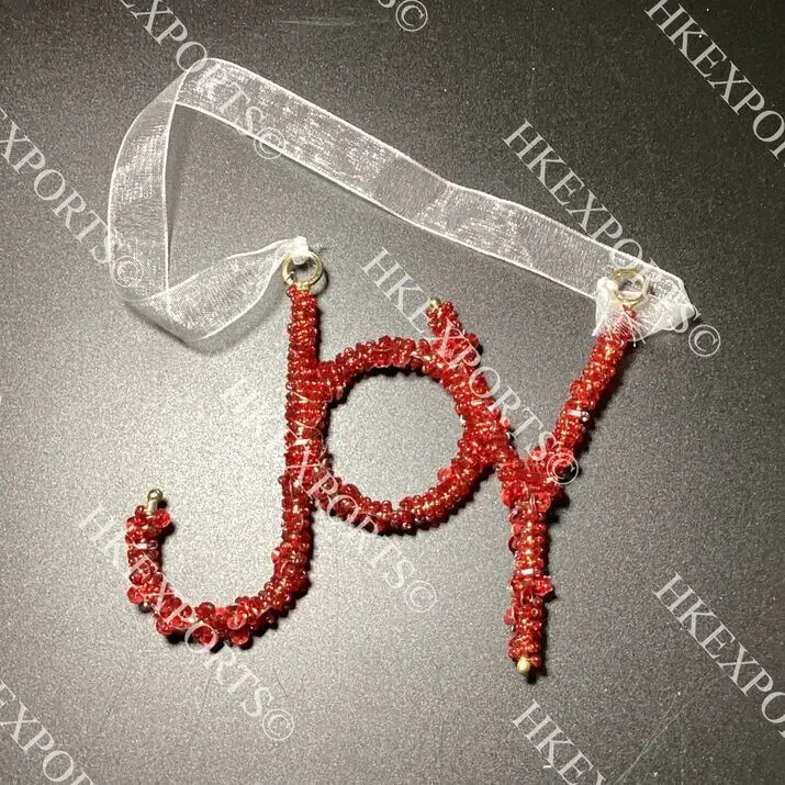 Handcrafted Christmas Green and White JOY Beaded Hanging Ornament Decoration for Holiday Tree