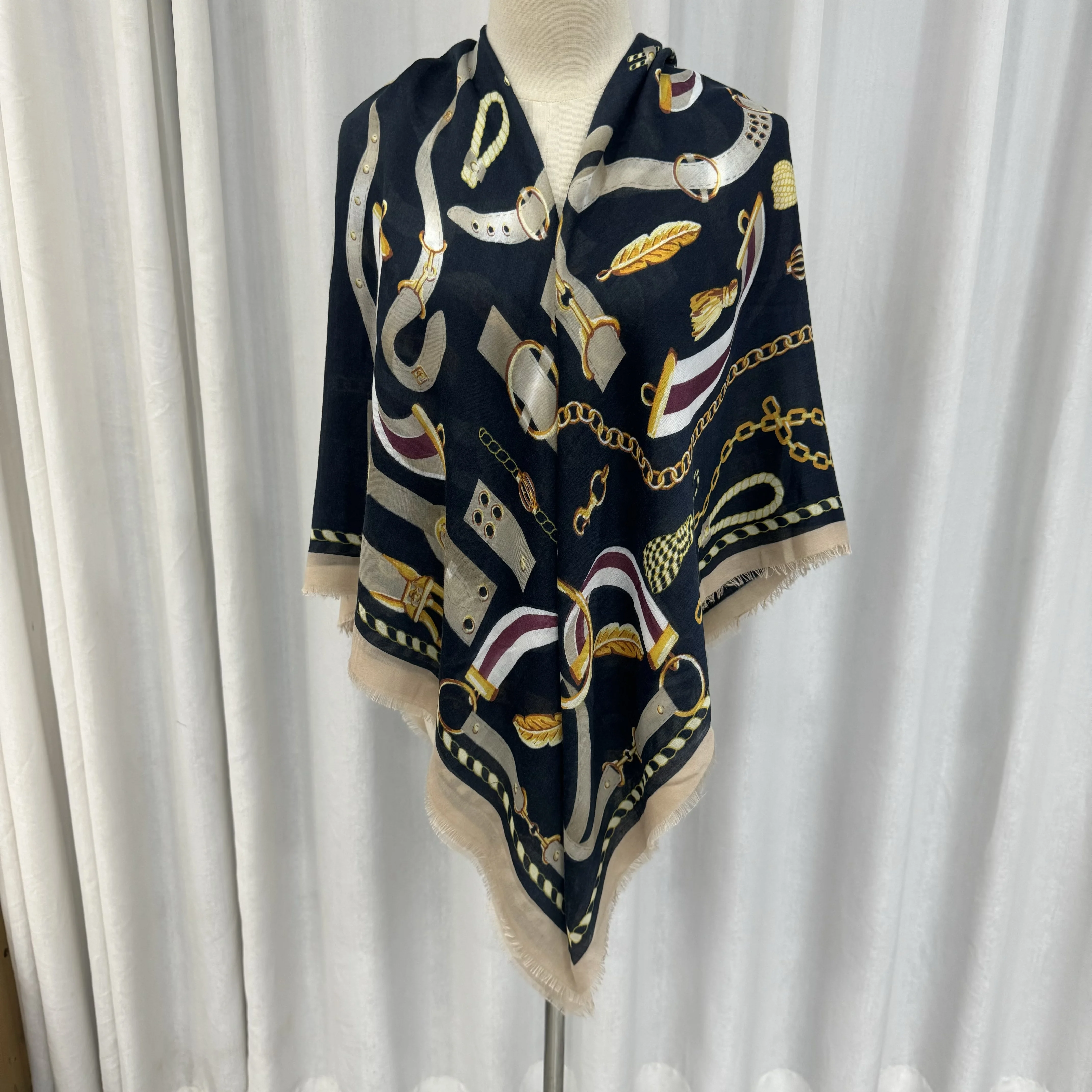 Wholesale Black Women Fancy Viscose Square Cotton Scarf With Fringe Patterns Spring Summer Scarf With Light Tassel Grey