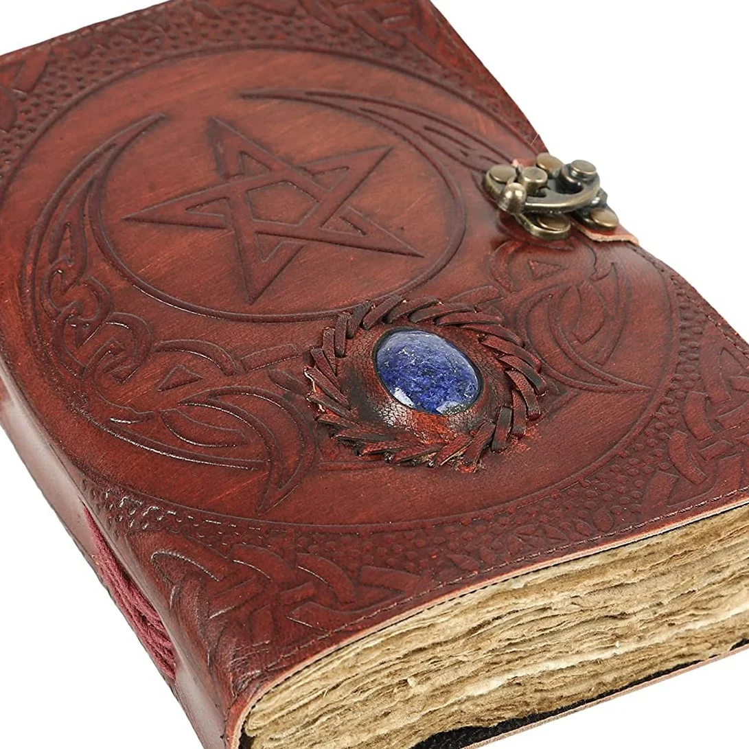 Leather Journal with unlined Deckle Edge Paper 8x6 inch Star/Stone cover/ Handmade Writing Notebook Diary/ Bound Daily Notepad