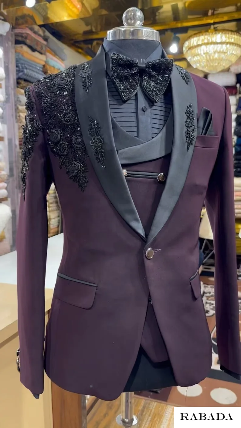 Black & Maroon Hand Embroidered Suit ,Jodhpuri Sherwani Men, Wedding Jodhpuri Indian Jacket Custom Designer Suit Mens Suit