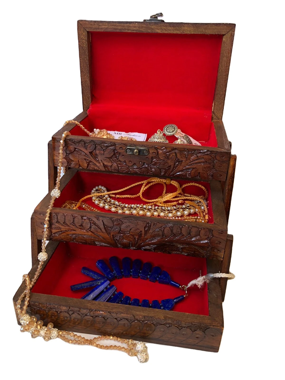 Handmade Hand Carved handi craft wooden Best Quality Wooden Jewelry Box Three Step Hand Carved Modern handi craft Wooden gift