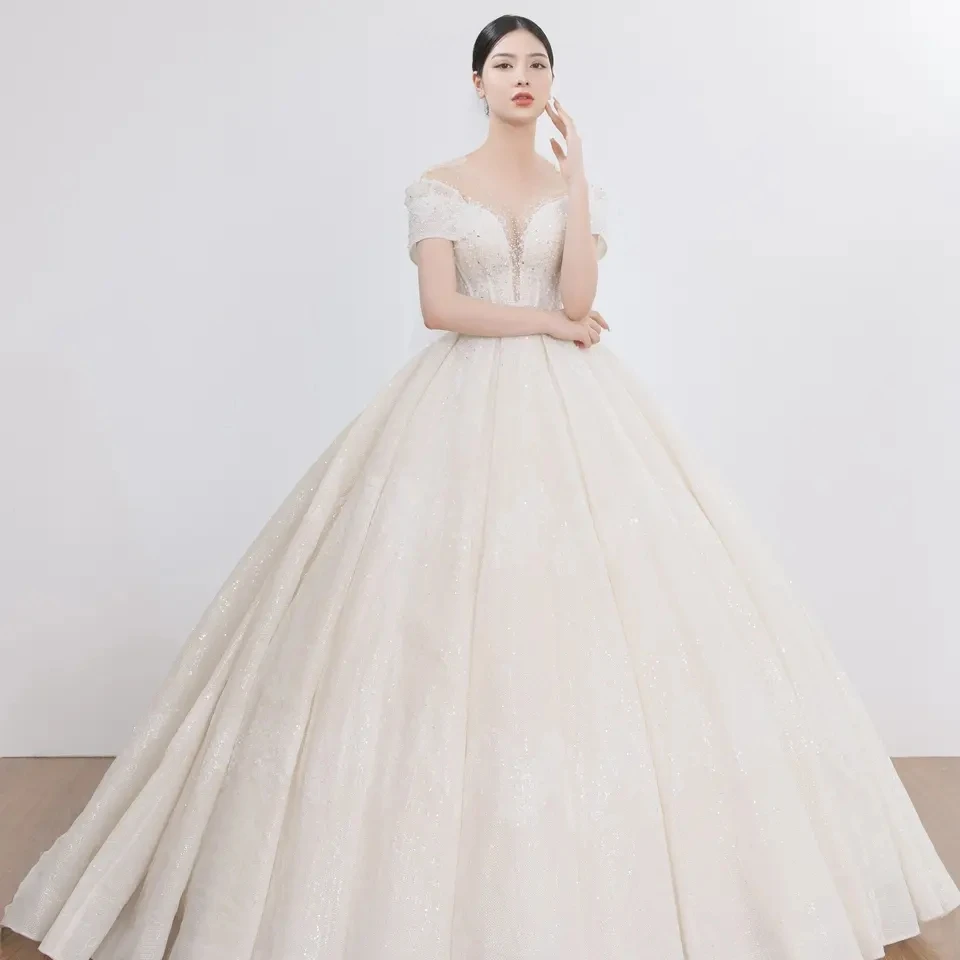 Sexy A-line bride dress Short Sleeves Romantic Lace Applique Tulle wedding dresses For women Gowns TNBPno32