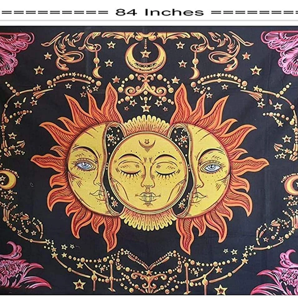 Terot Triple Burning Sun Moon & Star Mystic Hippie Bohemian Psychedelic Mandala Cotton Wall Hanging Tapestry (Brush Paint