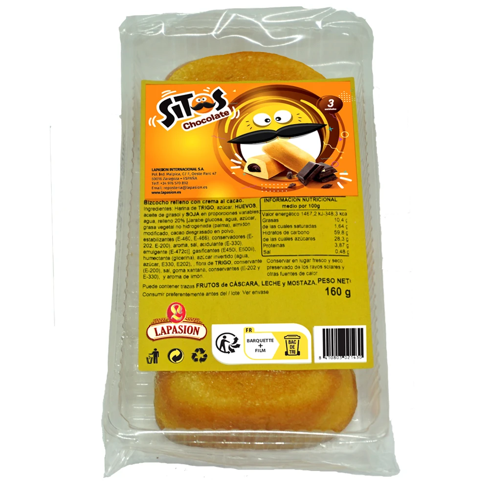 High quality juicy cake with oval shape and filled with cocoa cream 3 units 160g for supermarkets