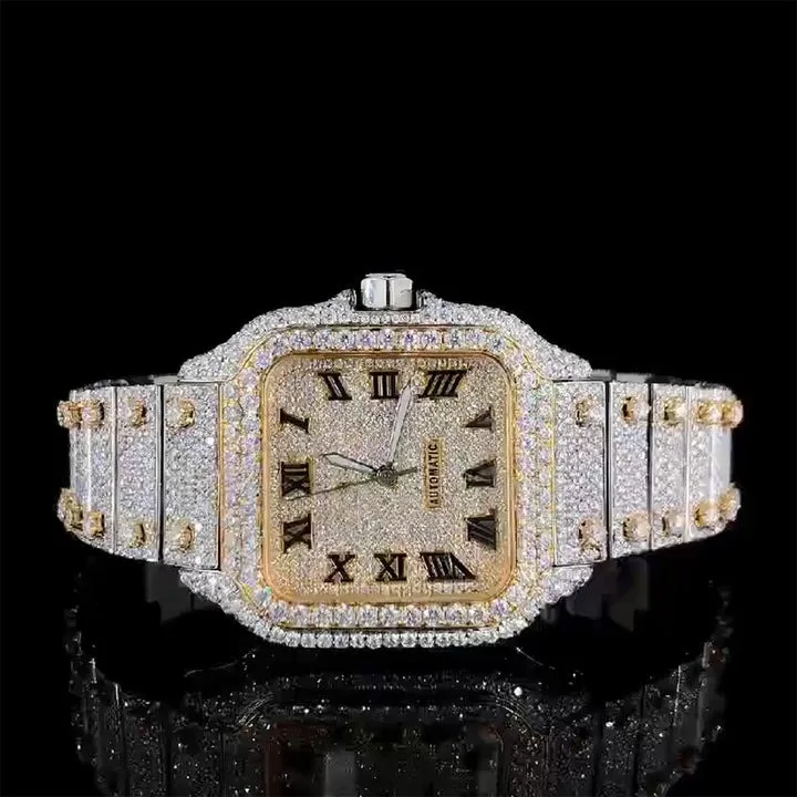 Santos Automatic  Yellow And white Luxury Roman Number Swiss Style  Movement Personalized Custom Moissanite Watch