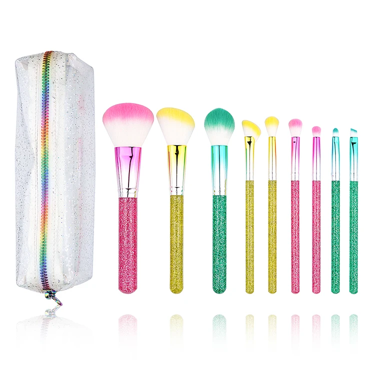 Wholesale High Quality 9Pcs Color Makeup Make Up Brush Set Custom Diamond Glitter Bling Crystal Handle Makeup Brush