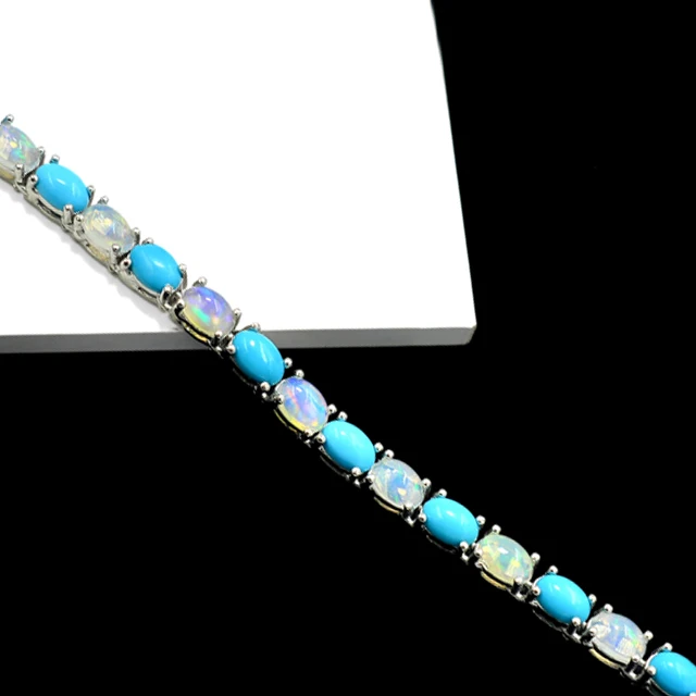 Top Quality Natural Opal Turquoise 6x4 MM 925 Sterling Silver Tennis Style Jewelry Necklace Earring Set Manufacturer From India
