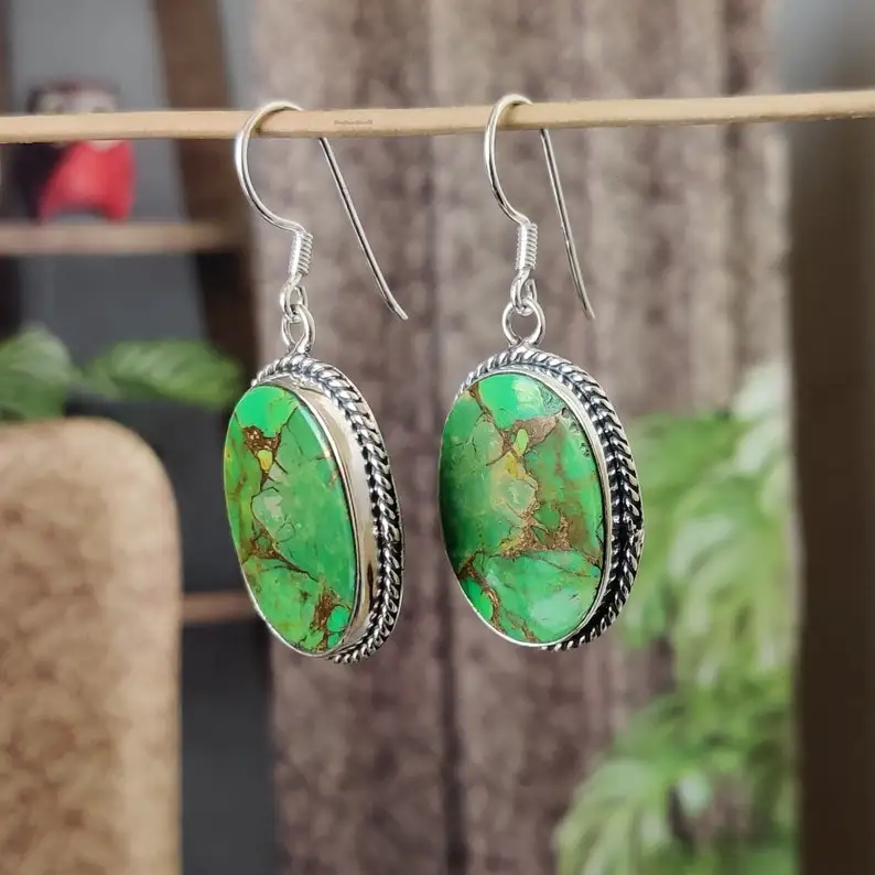 Green Copper Turquoise Oval Gemstone Earrings 925 Sterling Silver Christmas Gift for Her