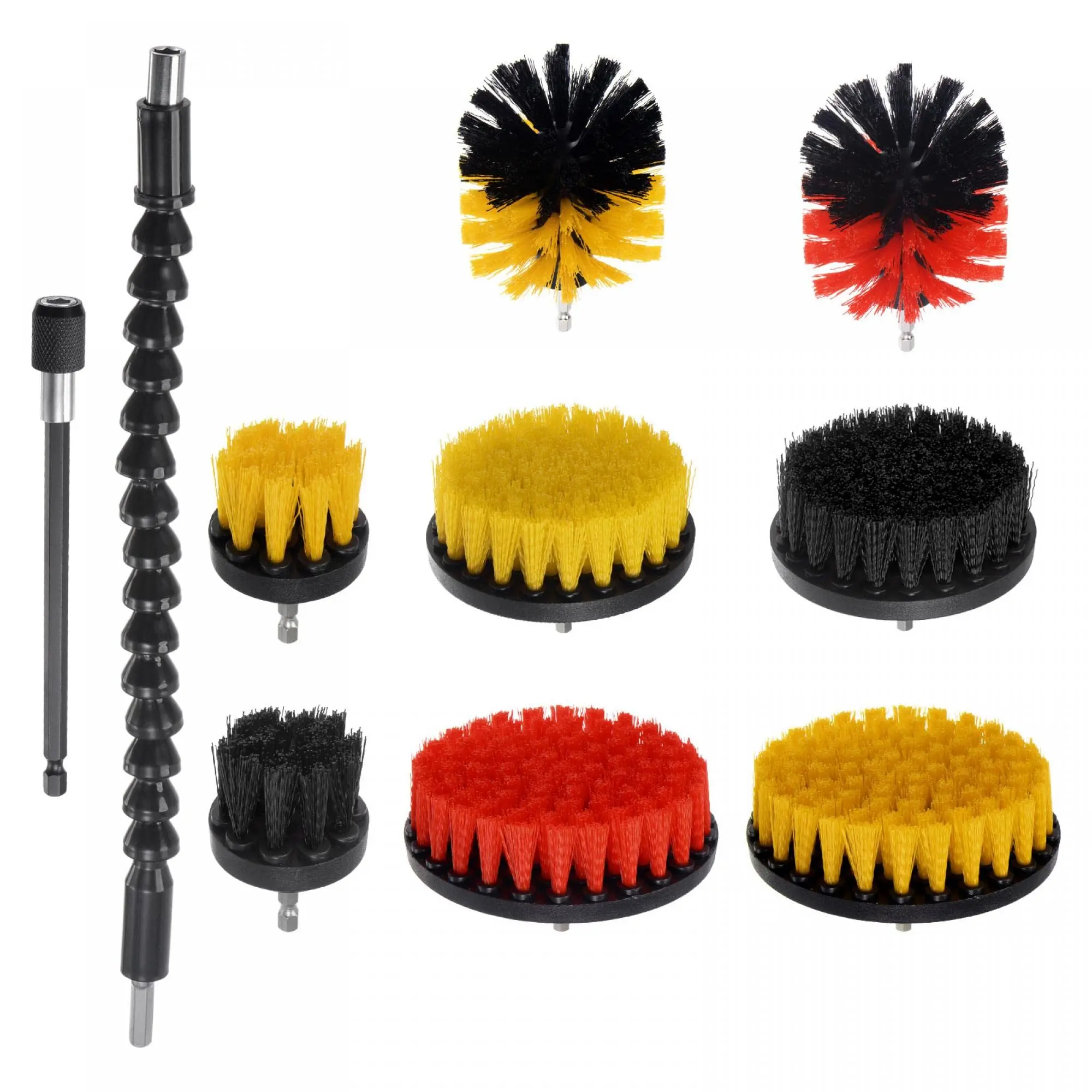Набор многофункциональных щеток для дрели комплект из 10 с удлинителем красные желтые черные