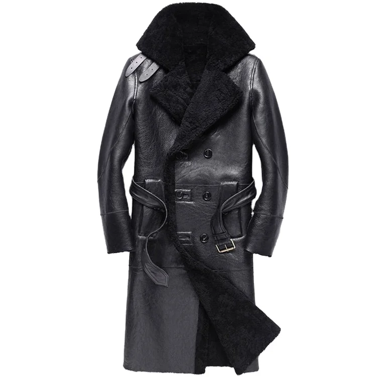 Buy Best High Quality Style Winter Authentic Double Breasted Sheepskin Trench Coat for Men Plus Size PU Leather Coats