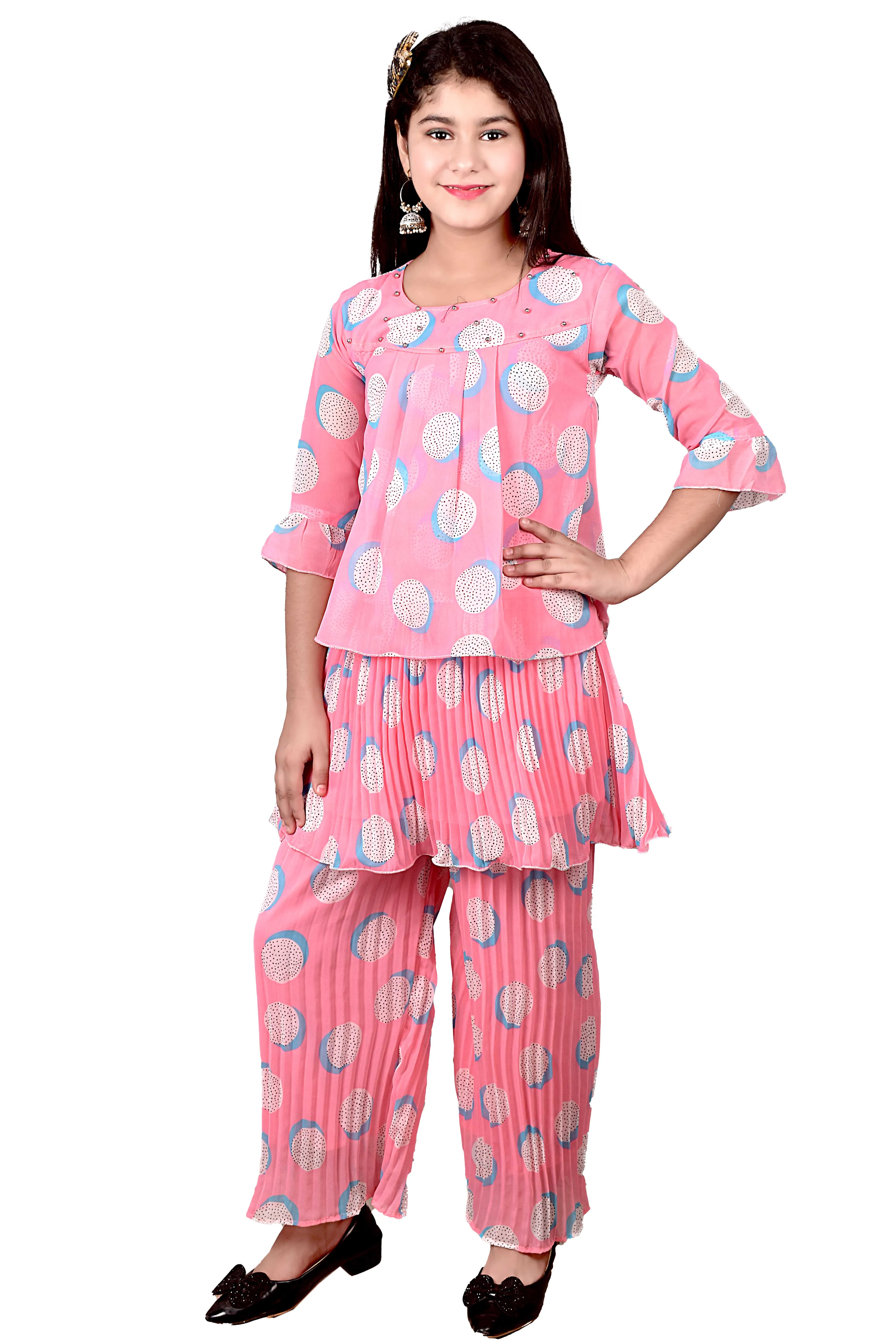 High on Demand New Design Indian Exporter Girls Clothing Cotton and Chiffon Kurti Plazzo Set for Festive Wear