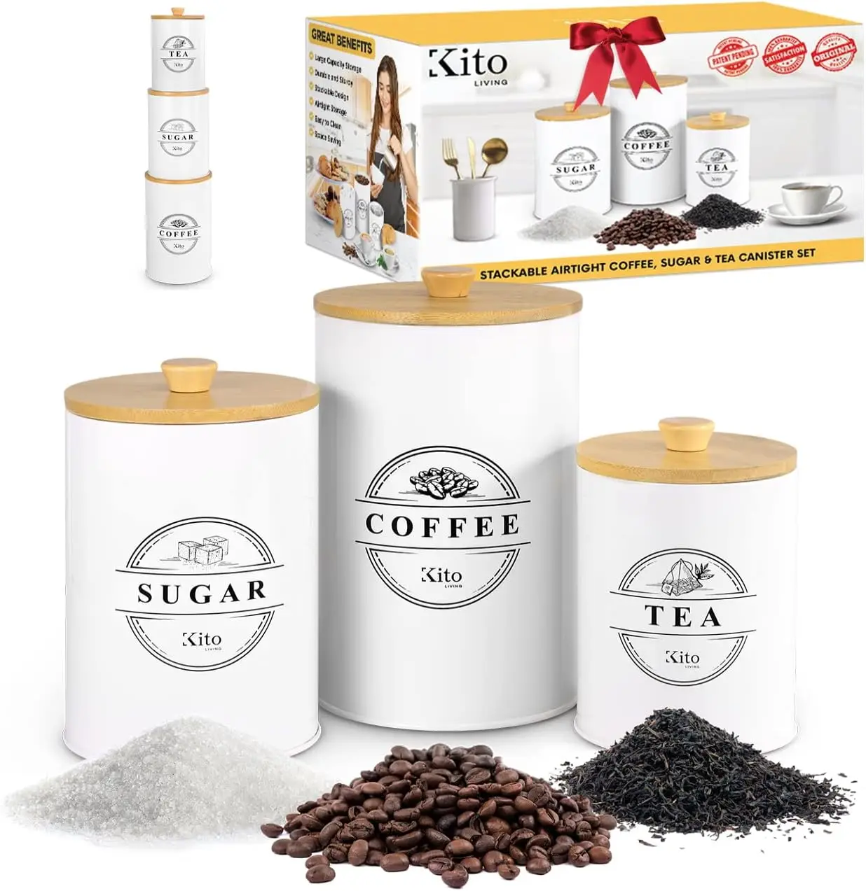 Bamboo lid Farmhouse Kitchen Countertop Decor Set of 3 Airtight Tea Coffee Sugar Canisters for Food Storage and Organization