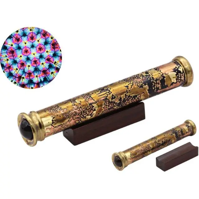 RII Teleidoscope Kaleidoscope Etched Brass Burnished Brass Teleidoscope with Wood Display Stand to My Grandson Granddaughter